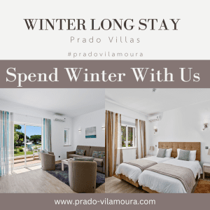 Prado Villas- Winter long term holidays to Vilamoura Algarve. Bedroom with 2 beds in colours of brown, lounge with 3 sofas and pool view of Prado Villas