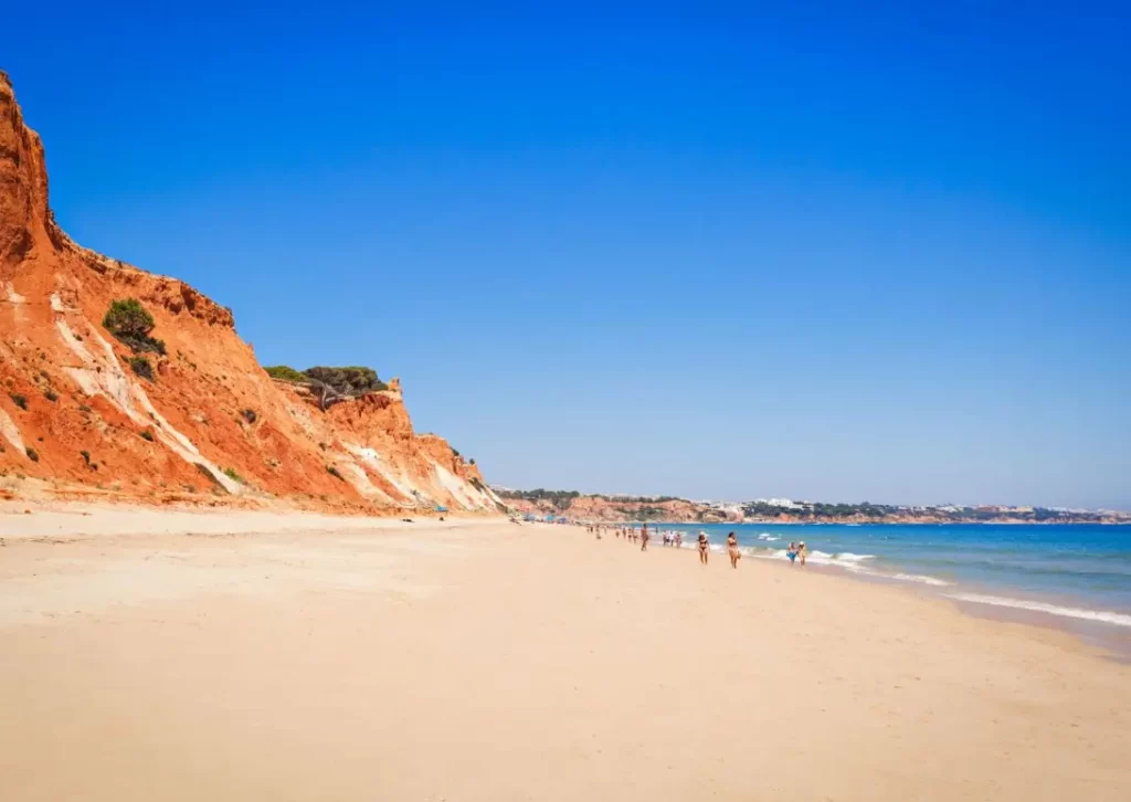 what-to-do-in-vilamoura-praia-da-falesia-beach orange cliffs with golden sand at Praia da Falesia Beach